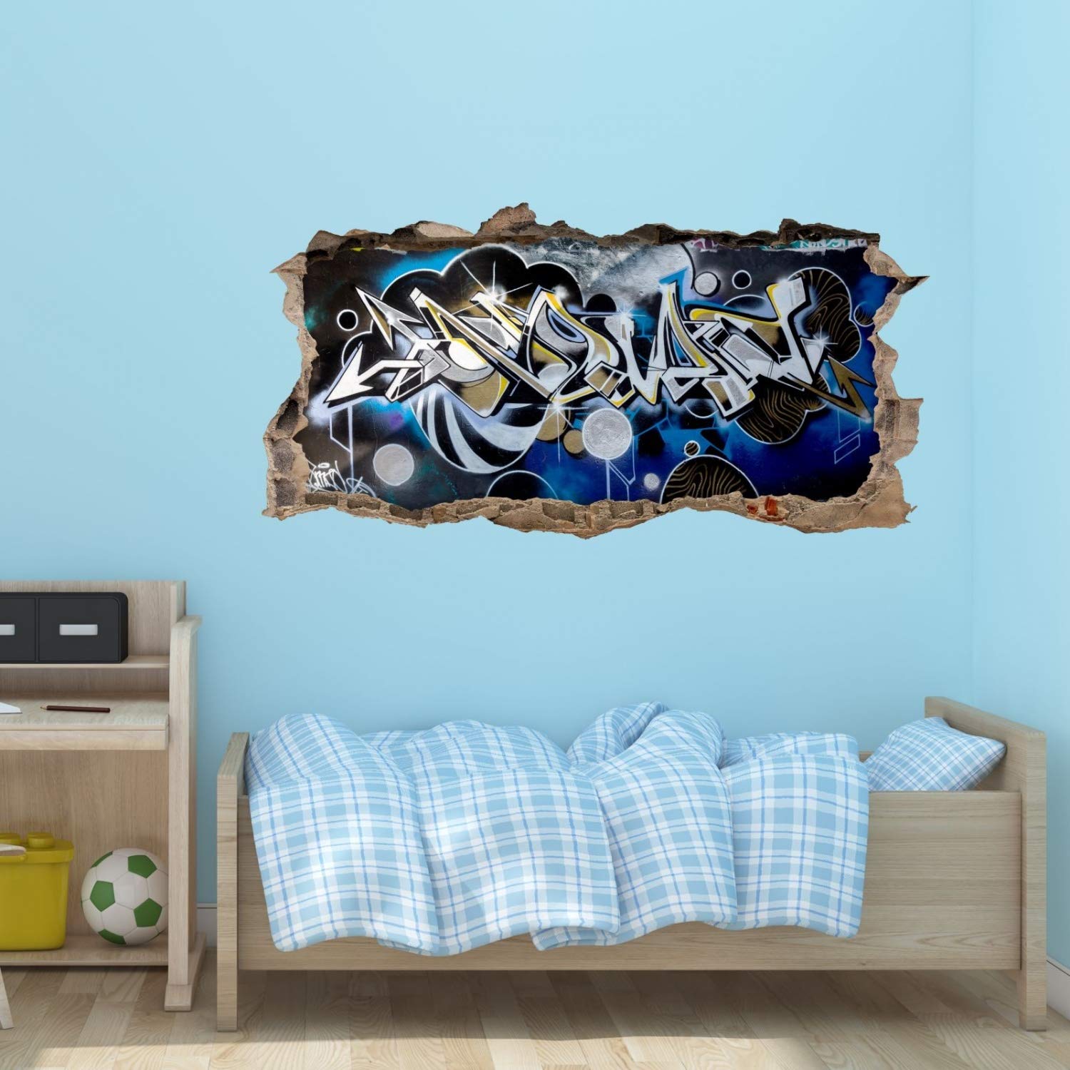 nikima - Adesivo da parete per bambini, motivo graffiti, blu, grigio, foro nella parete, 6 misure, decorazione da parete, per adolescenti, dimensioni 2000 x 1000 mm