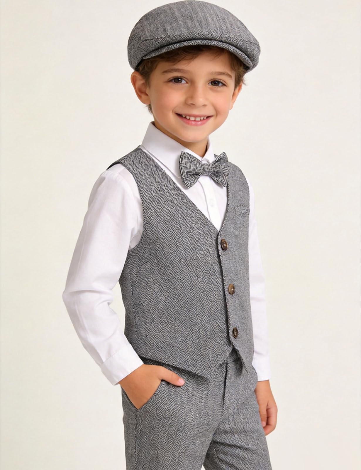 A&J Design - Juego de traje de caballero para bebés, 4 piezas, camisas, chaleco y pantalones y boinas - gris - 3-4 años