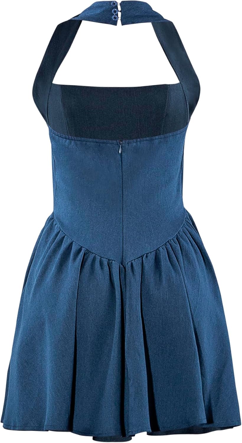 Women Sexy Halter Neck Denim Mini Dress Bodycon A-line Bubble Night Club Party Short Dress - Image 4