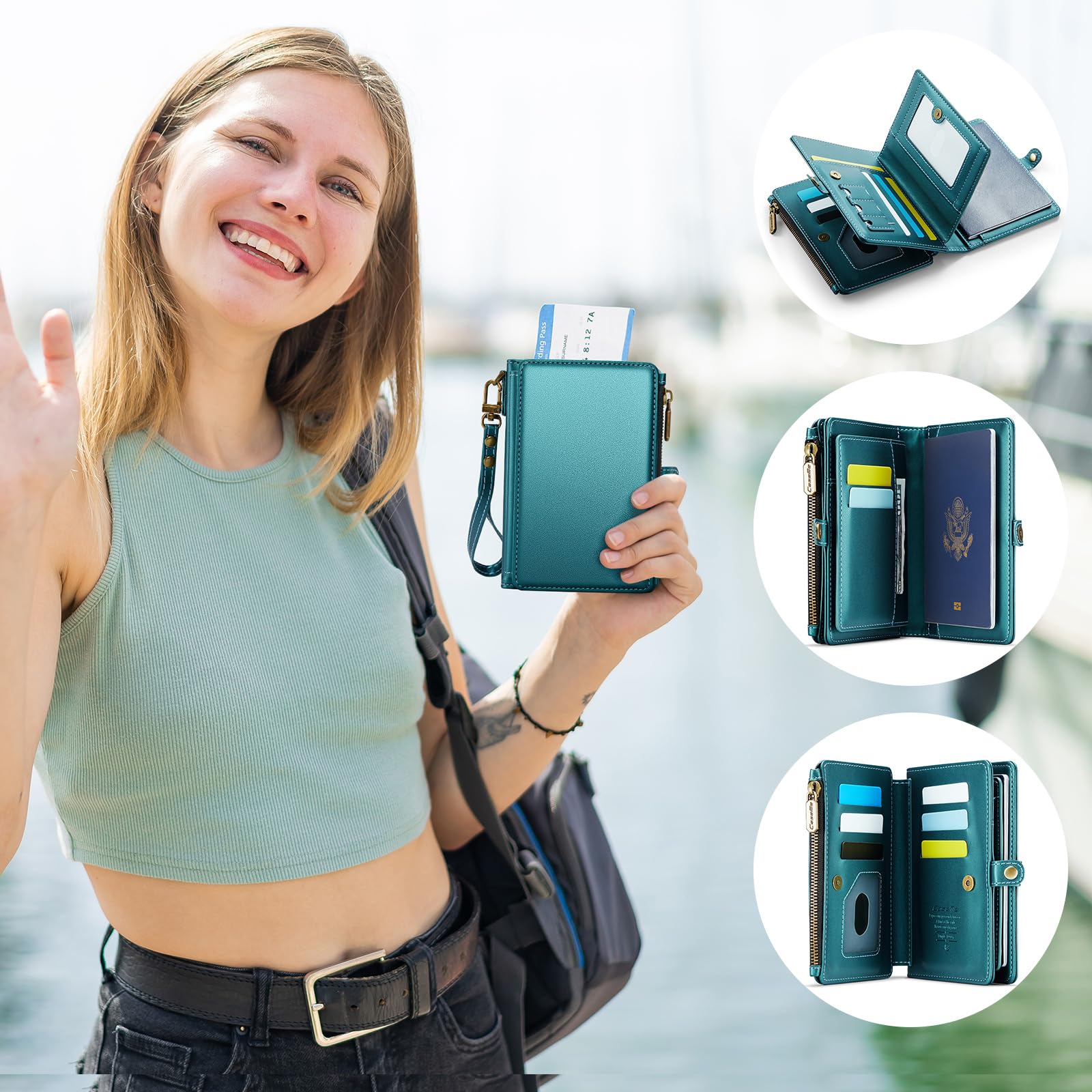 Portefeuille de passeport avec blocage RFID avec dragonne, porte-passeport de voyage en cuir synthétique avec 11 emplacements pour cartes, poche zippée et fermeture magnétique, portefeuille de