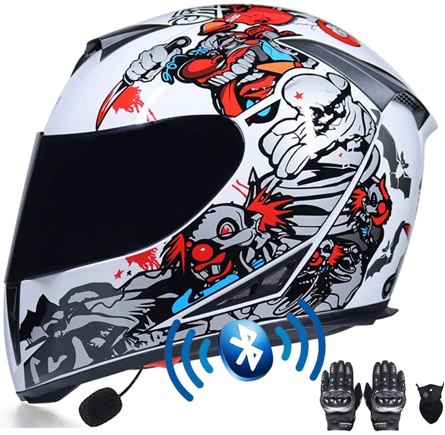 Cascos Moto Bluetooth Integrado,Casco De Moto Scooter Con Guantes Y Mascarilla, Casco Integral Con ECE Homologado Doble Anti Niebla Visera Para Mujer Hombre Adultos 55-64CM H,S