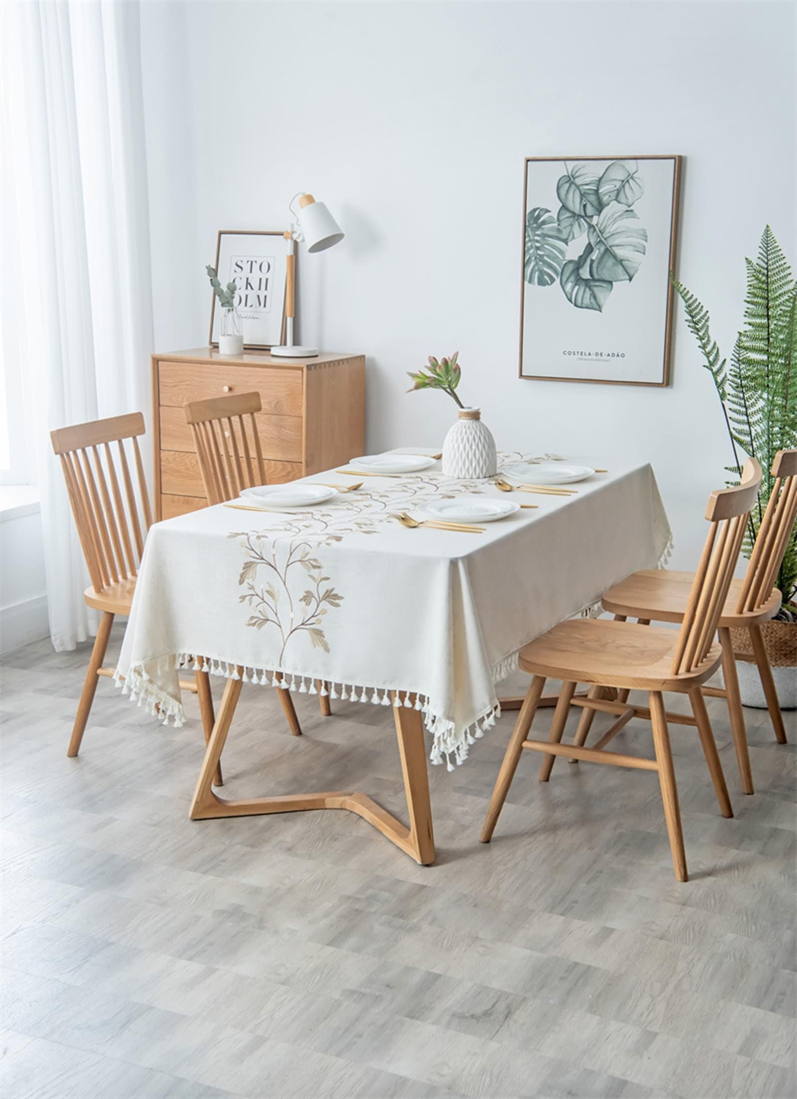 Tovaglia da Cucina Rettangolare, Tovaglie 140 x 240 cm Foglia ricamata con nappa in Poliestere Tovaglia per Casa e Cucina, Tovaglia Elegante per PicnicStyle2-Khaki