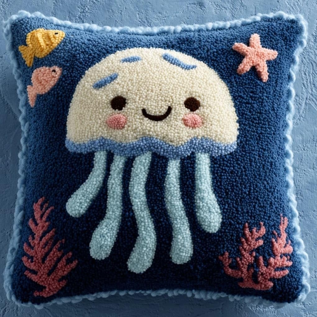WallustrioaW Latch Hook Pillow Case Kits,Jellyfish 17X17 Inch Latch Hook Cushion Cover Kit,Knitting Kits Cushion for Adults Rug Making Kit for Starters