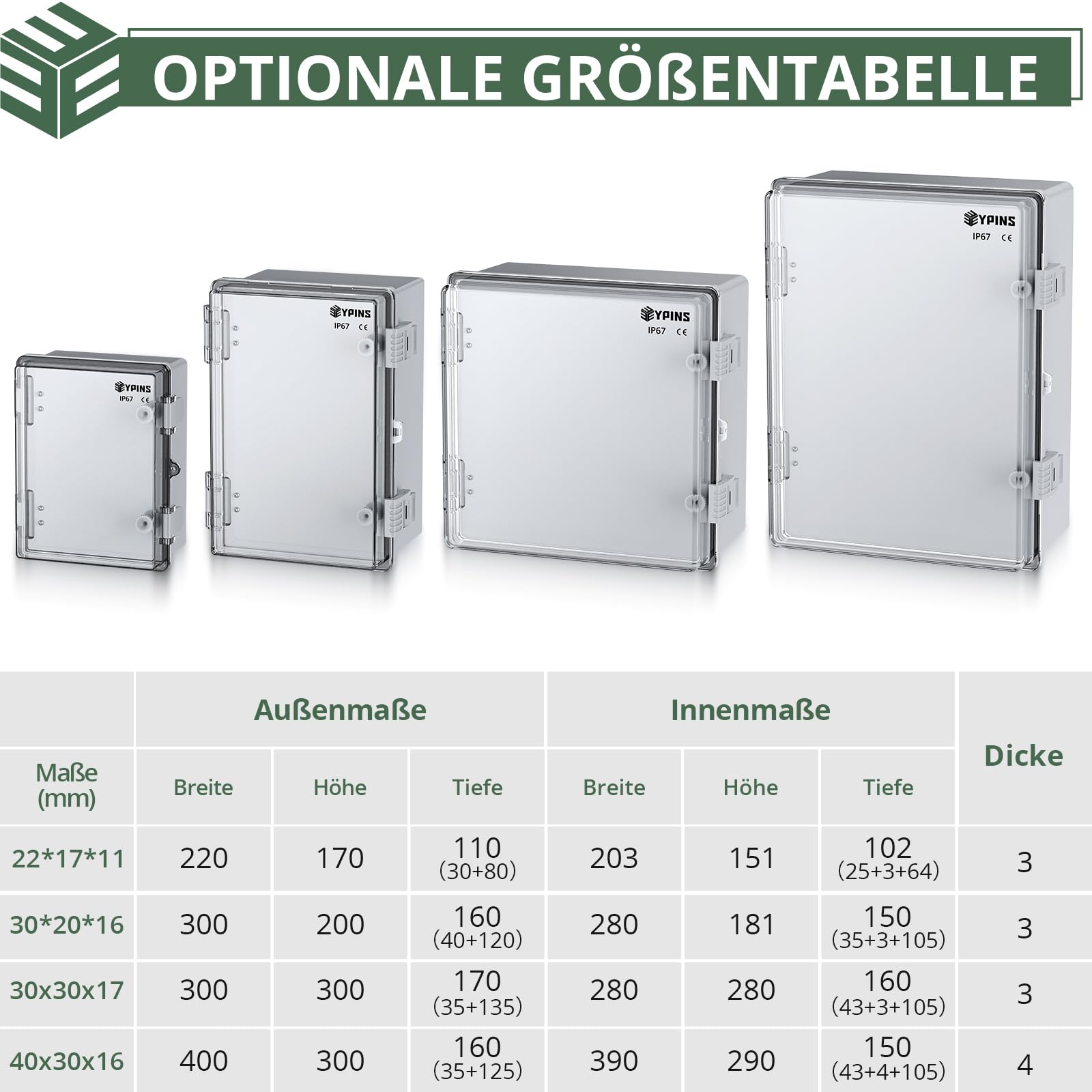 EYPINS Wasserdichter Verteilerkasten IP67 Schaltschrank 30x30x17cm/Sichttür
