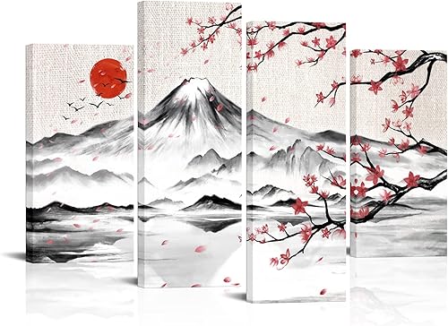 LyerArtork Pintura de tinta japonesa de 4 paneles, arte de pared Fuji con luna, decoración de pared, flor de cerezo, lienzo impreso japonés