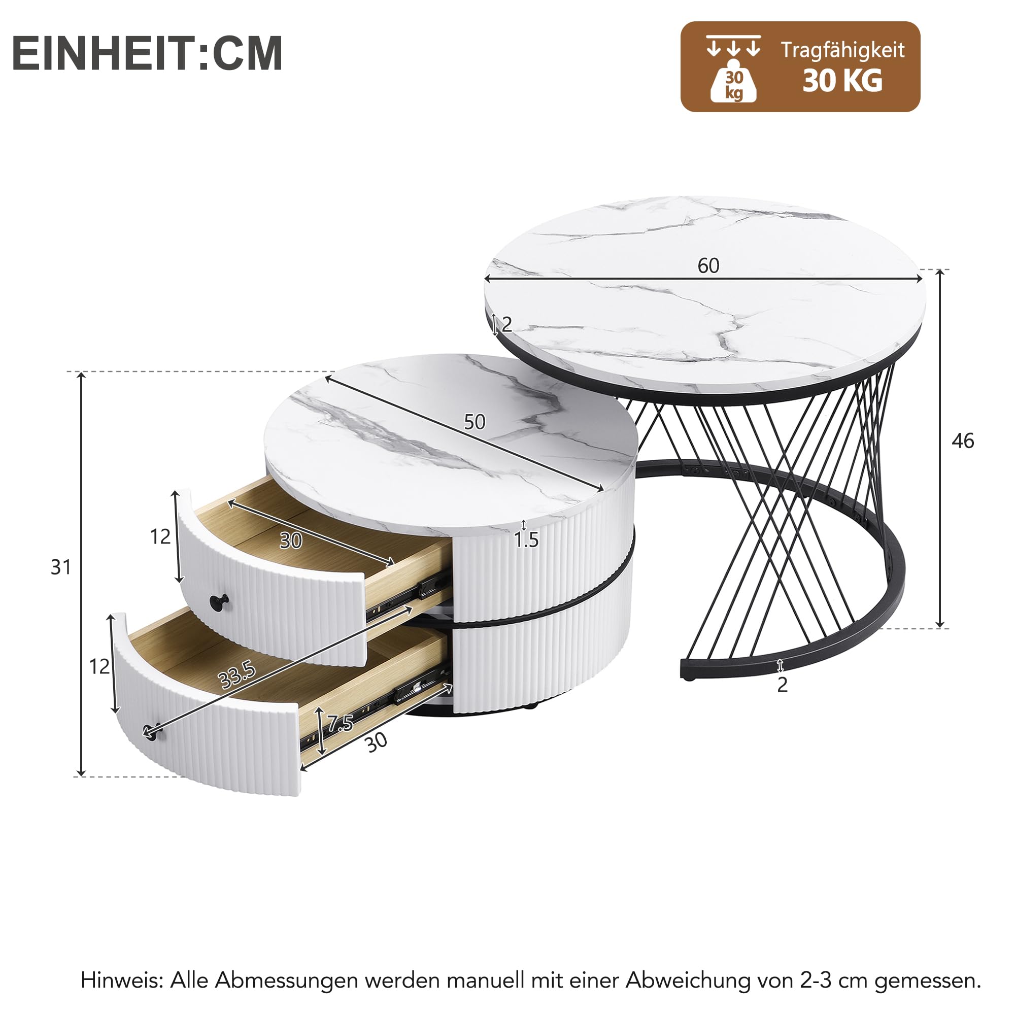 Elegante set di 2 tavolini a forma di nido, 60 x 60 x 46 cm e 50 x 50 x 31 cm, tavoli rotondi con effetto marmo lucido, 2 cassetti (bianco nero)