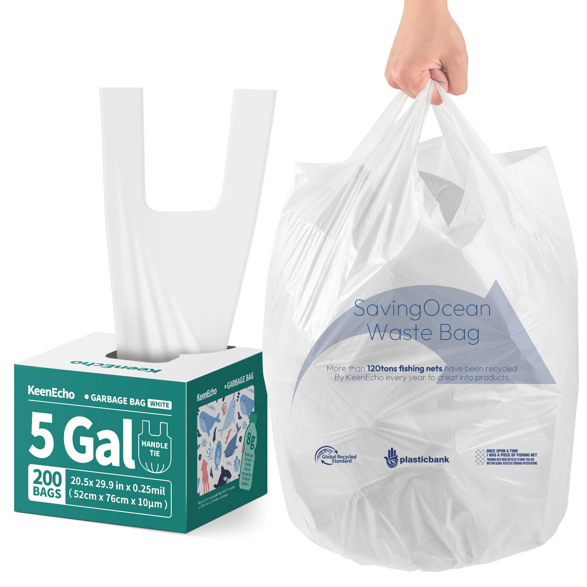Small Trash Bags with Handles 5 Gallon 200 Count White - Ocean Plastic Upcycling - Plastic Garbage Bags, Can Bin & Waste Basket Liner for Kitchen,