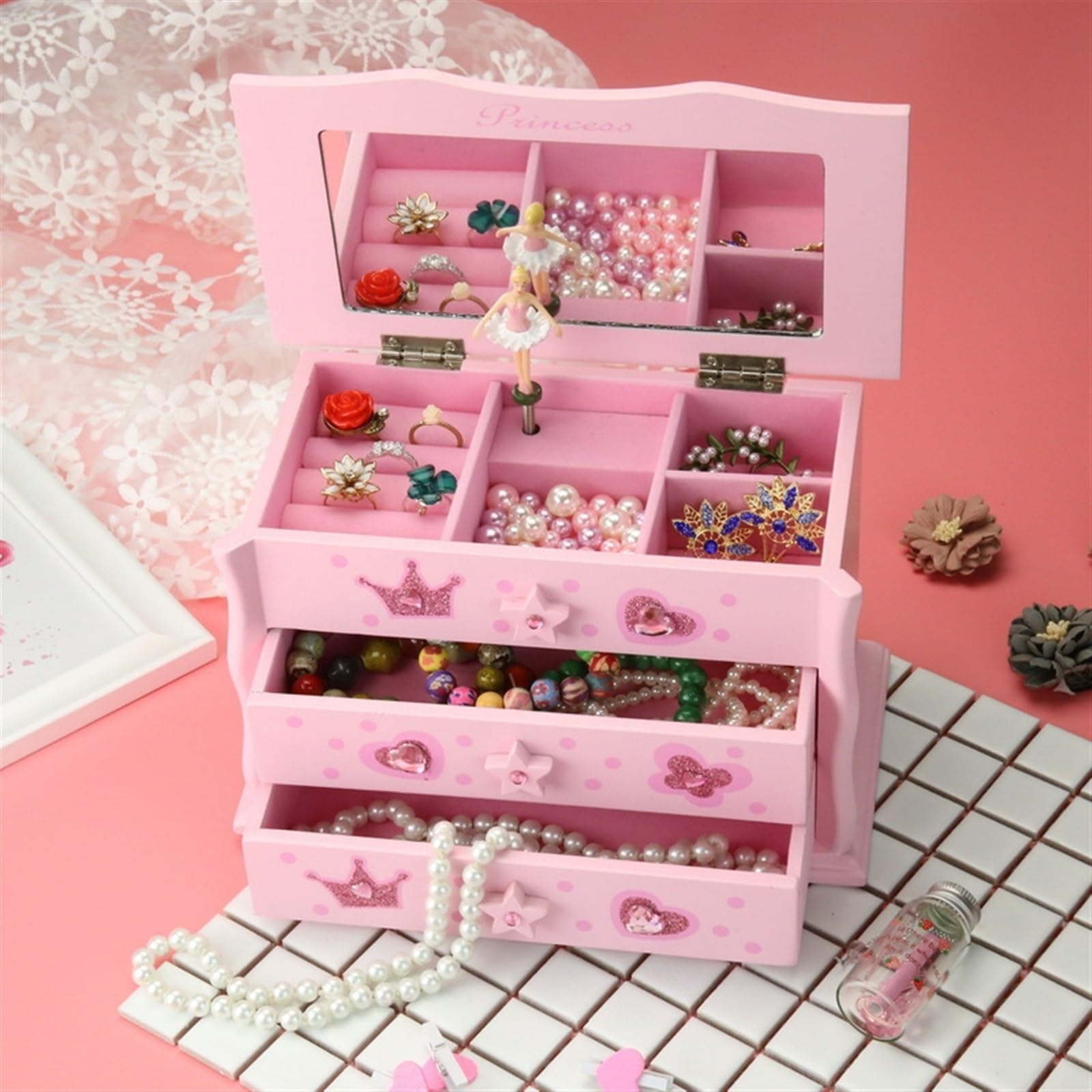 joyero Joyero for niñas, caja de música grande de 3 capas con organizador de joyas de bailarina giratoria for regalo de cumpleaños for niños grande