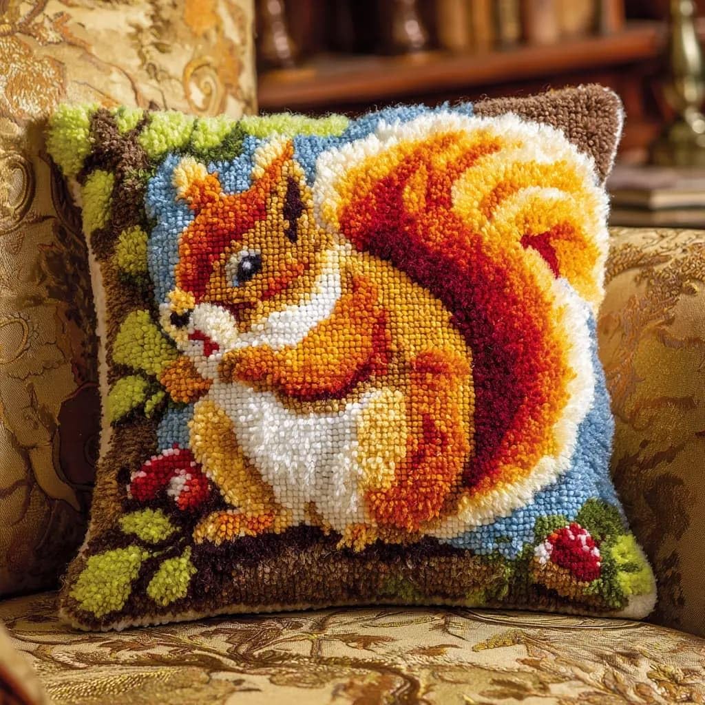 Taxpy Latch Hook Pillow Kit F Diy Latch Hook Pillow Kit Pre-Printed Hook And Latch Rug Kits Squirrel 17X17 Inch.cross-Stitch Embroidery Cushion Cover For Home Sofa Decoration