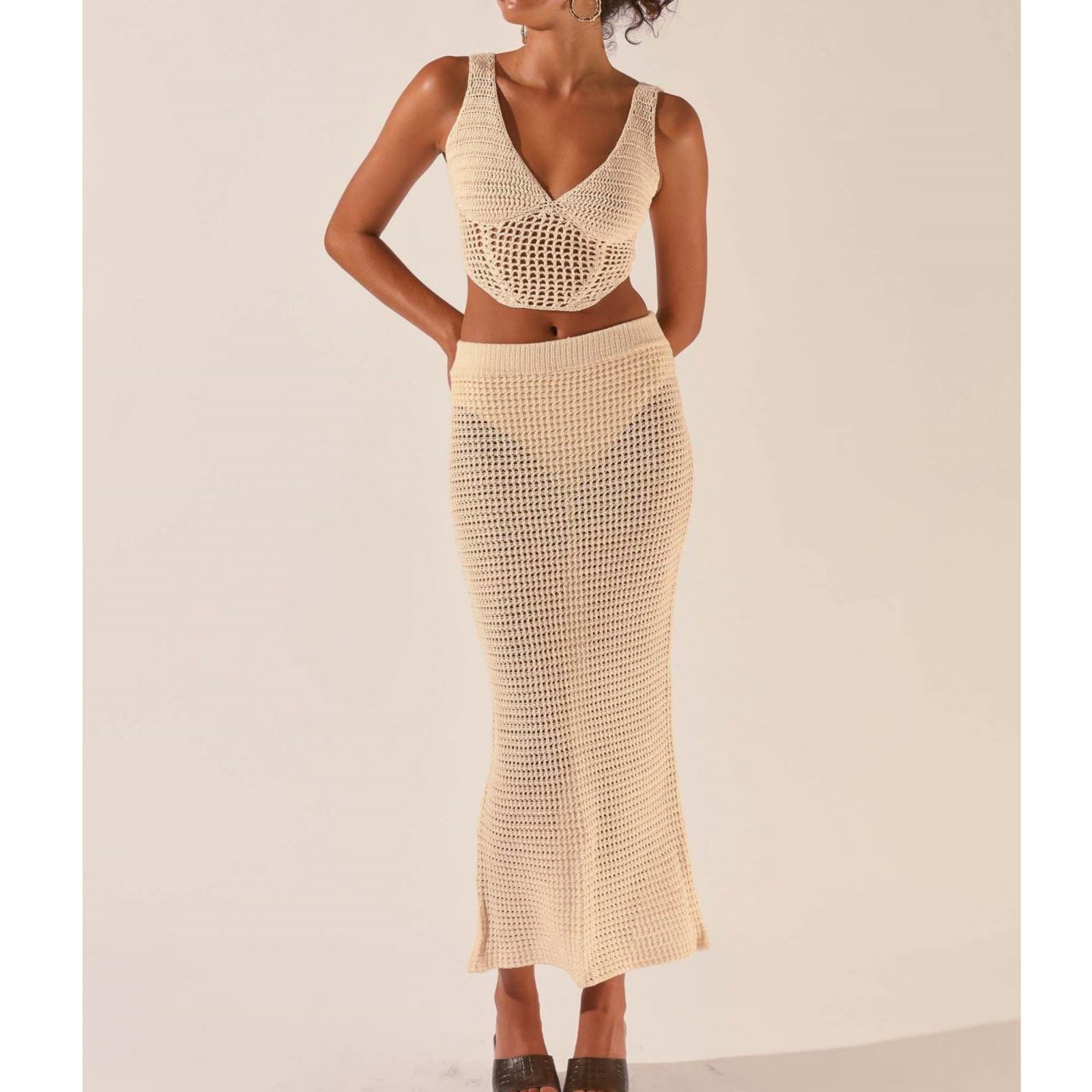 Set Gonna Da Donna in Maglia 2 Pezzi Hollow Out Halter Crop Top E Bodycon Set Gonna Lunga