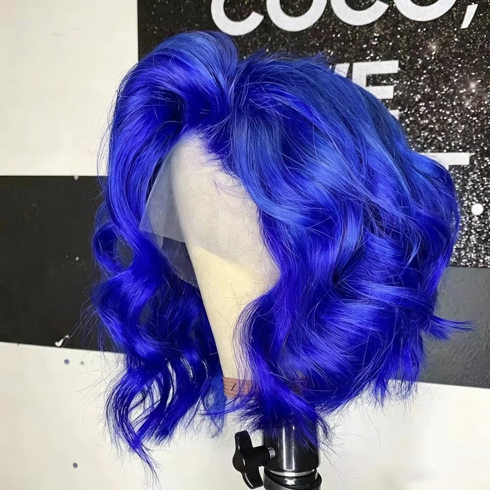 Haarpflege Blaue Kurze Gewellte Bob-Perücke Mit Spitze Vorne Hitzefaserhaar 30,5 Cm Für Den Täglichen Gebrauch