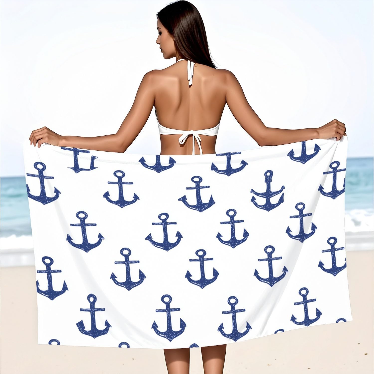 Toalla de playa moderna y minimalista, extra grande de microfibra de 200 x 100 cm, sin arena, secado rápido, fresca y tranquila, diseño náutico, toalla de playa con ancla azul, regalo ideal para
