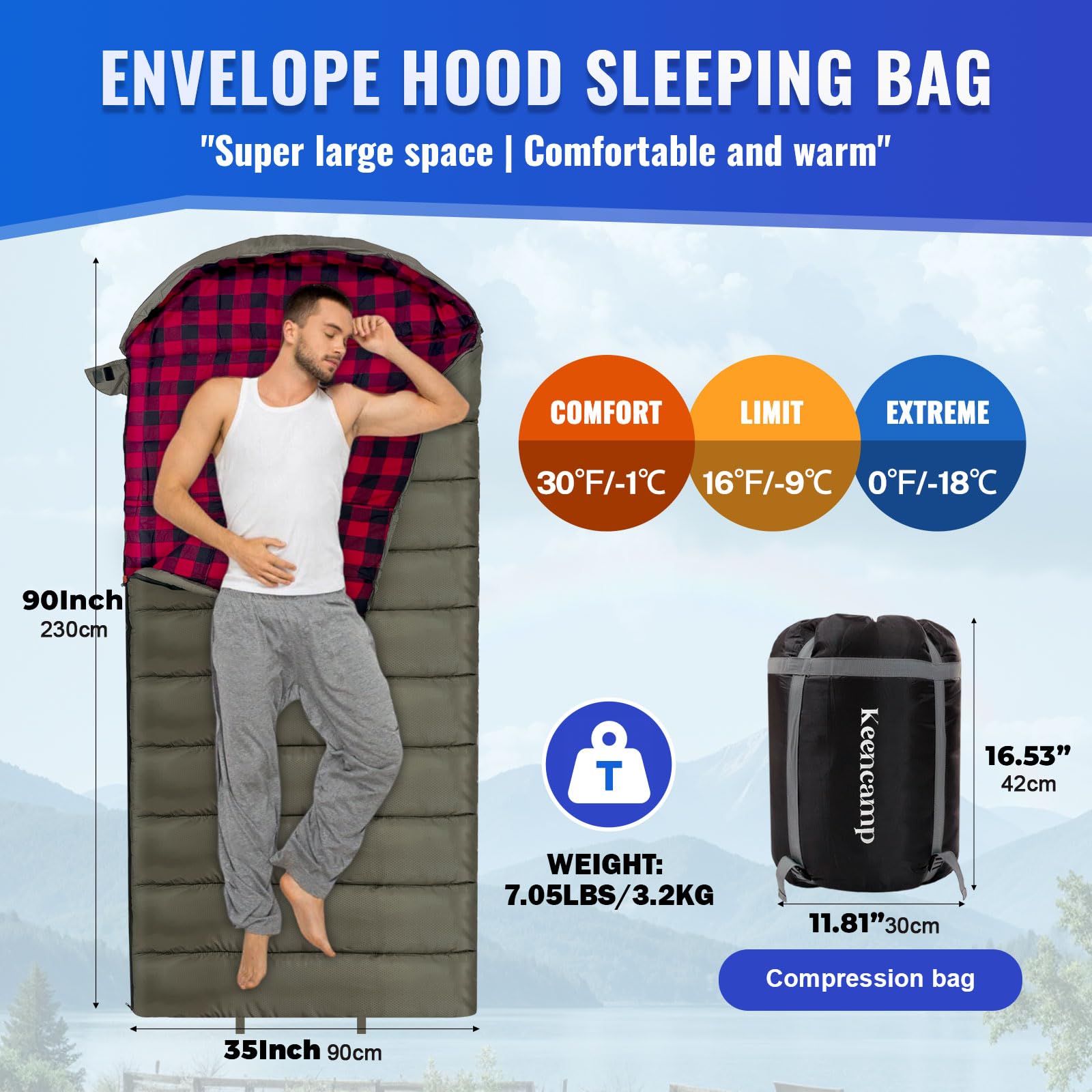 Keencamp 0 Degree Sleeping Bag Cotton Flannel Winter Cold Weather for Adults XXL Sleeping Bag 4 Season Big and Tall with Pillow Compression Sack