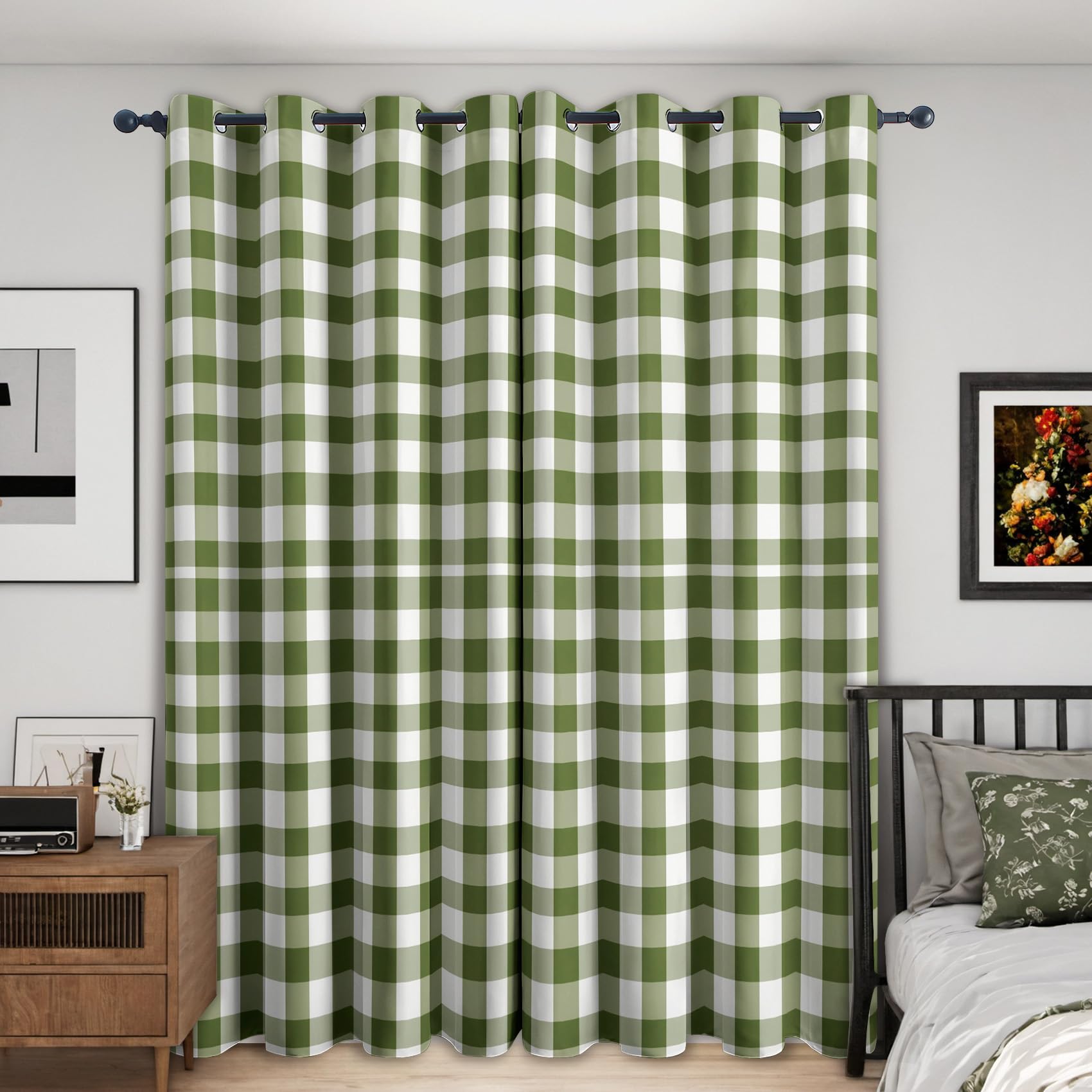 Kariert Grün Vorhänge Mit ösen Blickdicht, Olivgrün Tartan Vorhang Schlafzimmer Wohnzimmer Küche 110 x 215 cm Lang, Übergardinen Innen Verdunklungsvorhänge