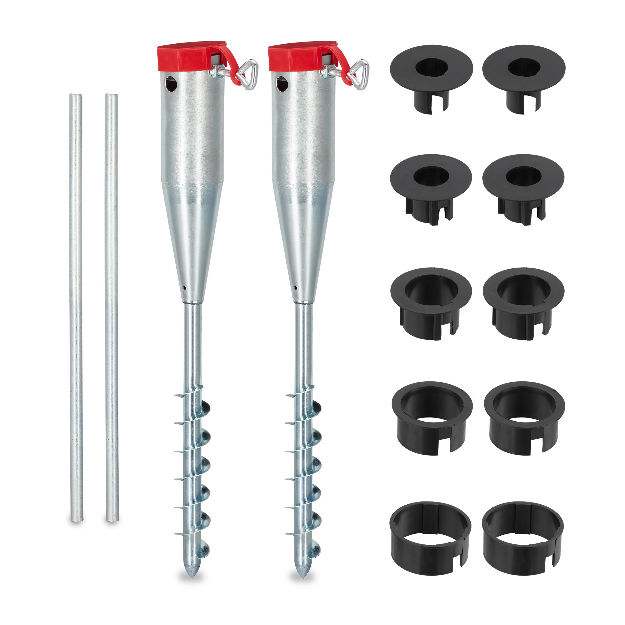 Relaxdays Parasol Anchor, Set of 2, Umbrella & Rotary Dryer, Ground Spike, Screw In, 25-55 mm, Pole Holder, Silver/Red, Steel, 56 x 7 x 10 cm