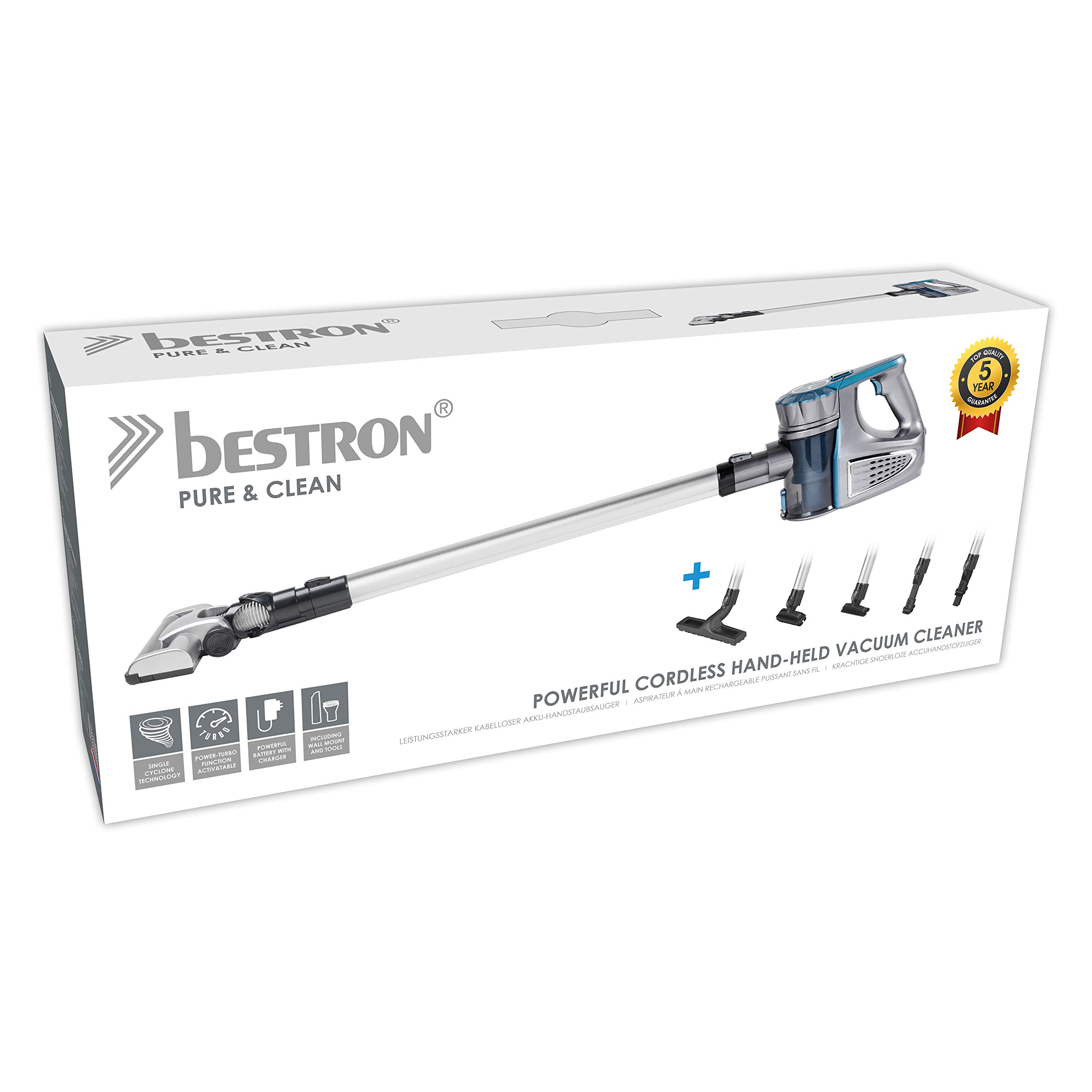 Bestron Aspiradora de Mano Inalámbrica con Tubo Telescópico, Sin Bolsa, Capacidad: 0,6 L, 120 Vatios, Azul/Gris