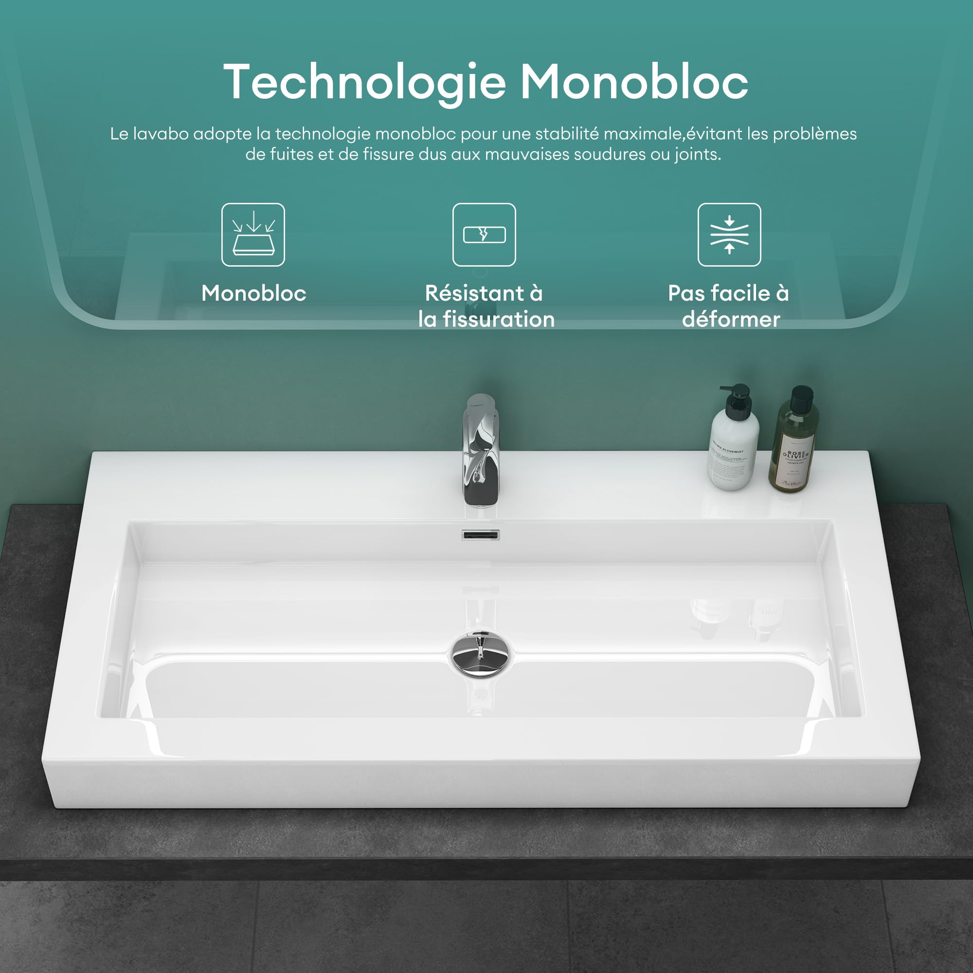 Mai & Mai Lavabo Suspendu Blanc Vasque à Poser 76,5cm Lave Mains Rectangulaire avec Tropl Plein Col06 76,5x42x10cm