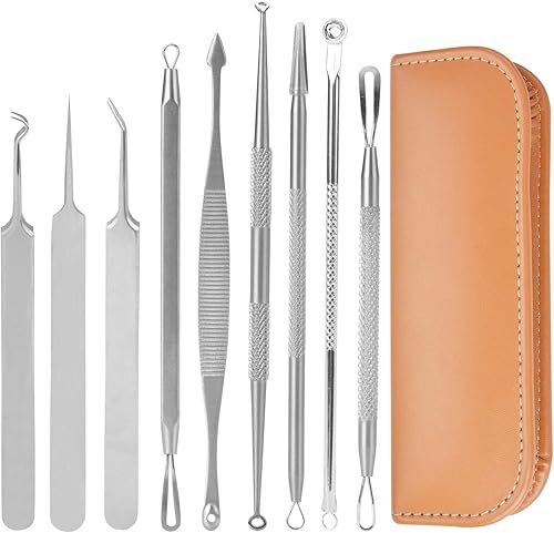 Kapmore - Juego de 9 herramientas extractoras de espinillas, extractor de comedón, tratamiento manual de acero inoxidable para manchas de acné,