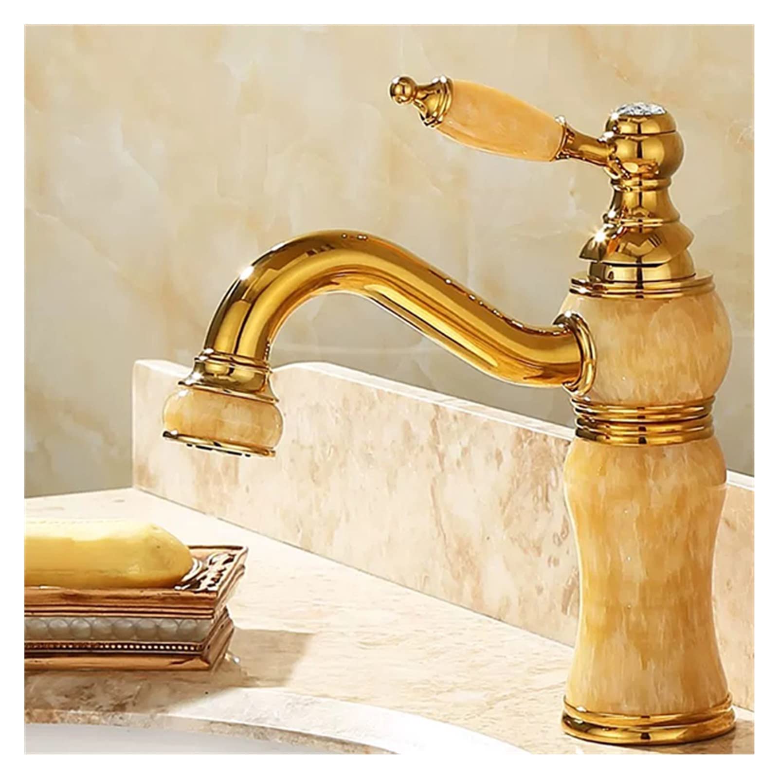 Mooilko Clear Bathroom Faucet Brass And Jade Faucet Bathroom Basin Faucet Sink Mixer Tap Gold Sink Faucet Bath Basin Sink Faucet Easy To Install(Clear)