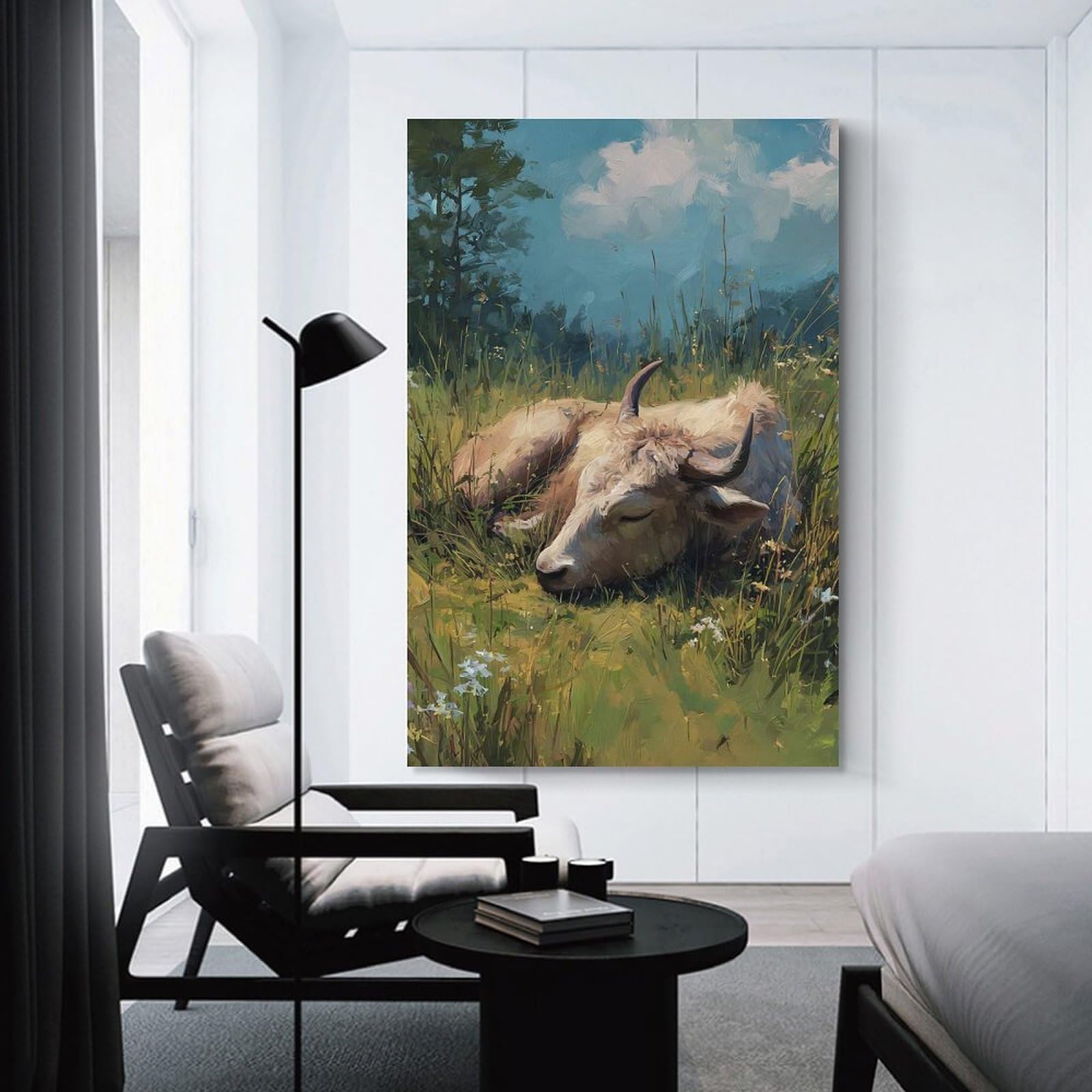 Junmoney Cow Sleeping in A Field Wall Art Print 24x36inch(60x90cm), for Living Room, Bedroom Or Home Office, Thoughtful Wall Decor for Art Lovers