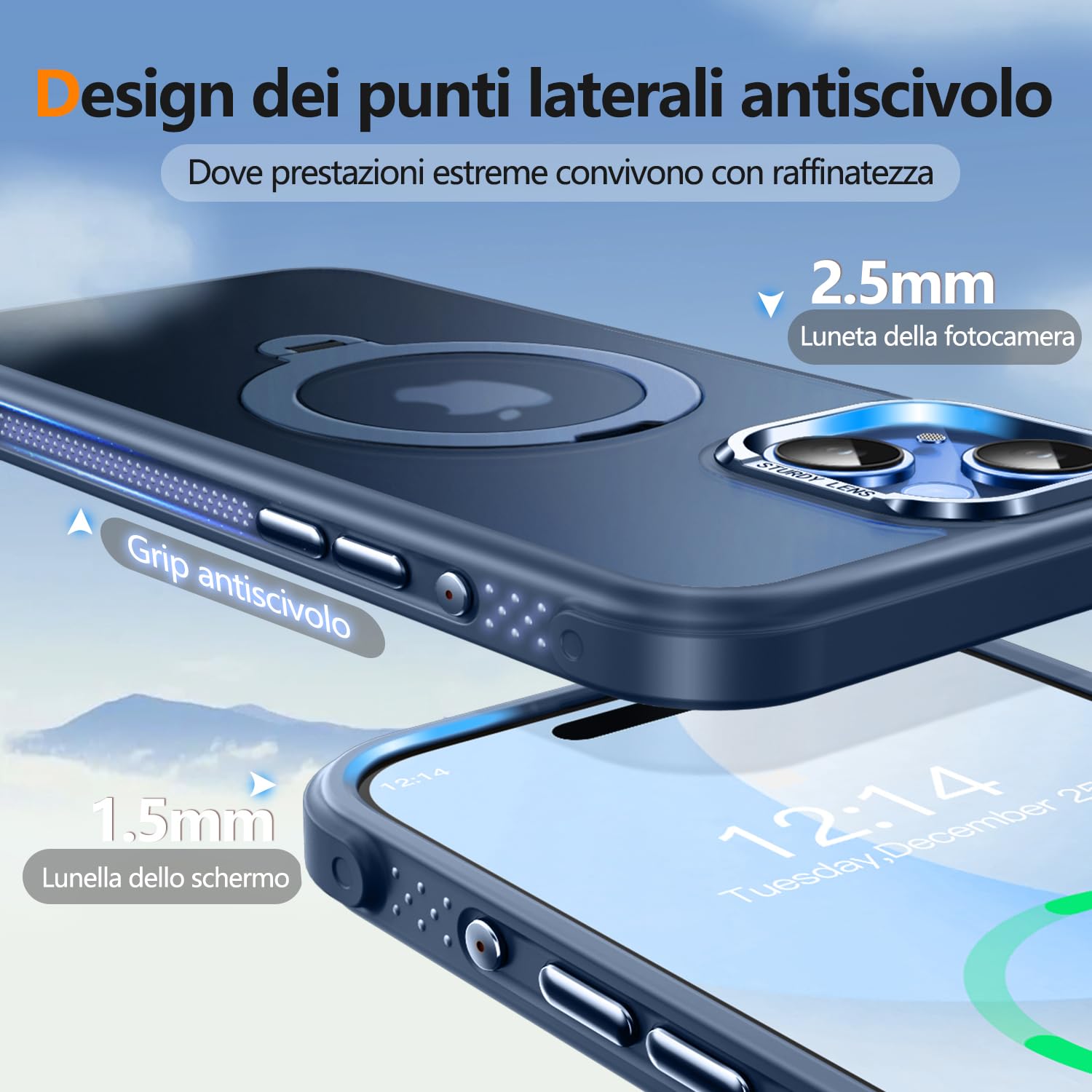 Custodia O3 Mag-Stand per iPhone 15 con Supporto a 360°,[Compatibile con MagSafe][Eccezionalmente Delicata Sulla Pelle]Sottile Eopaca Magnetica Traslucida 6,1", Blu Opaco