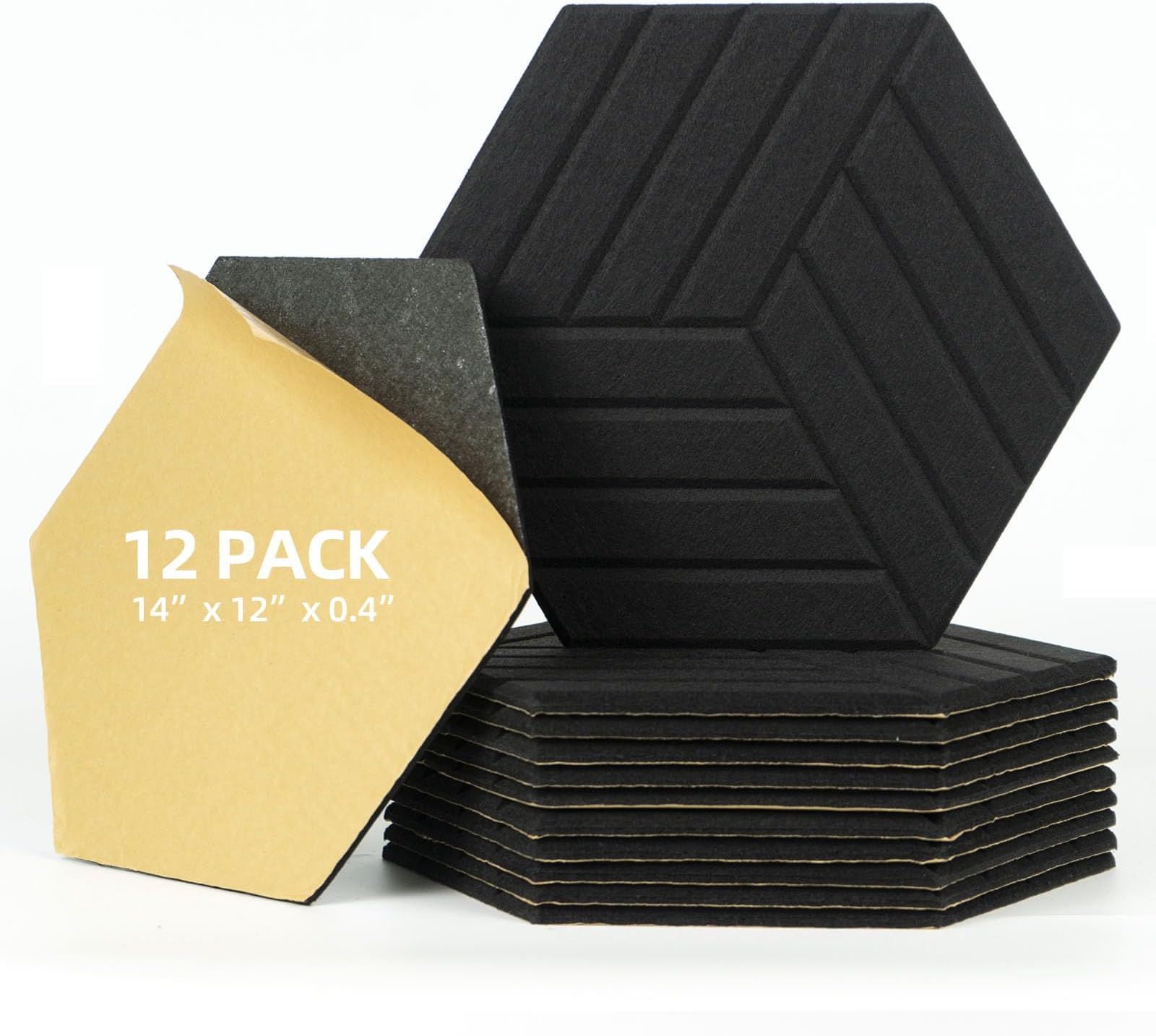 12 Pack Hexagon Acoustic Panels Self Adhesive - 14" X 12" X 0.4" Acoustic Wall Panels Sound Absorbing High Density Soundproof Foam Acoustic Treatment Tiles for Home Studio Office （Black）