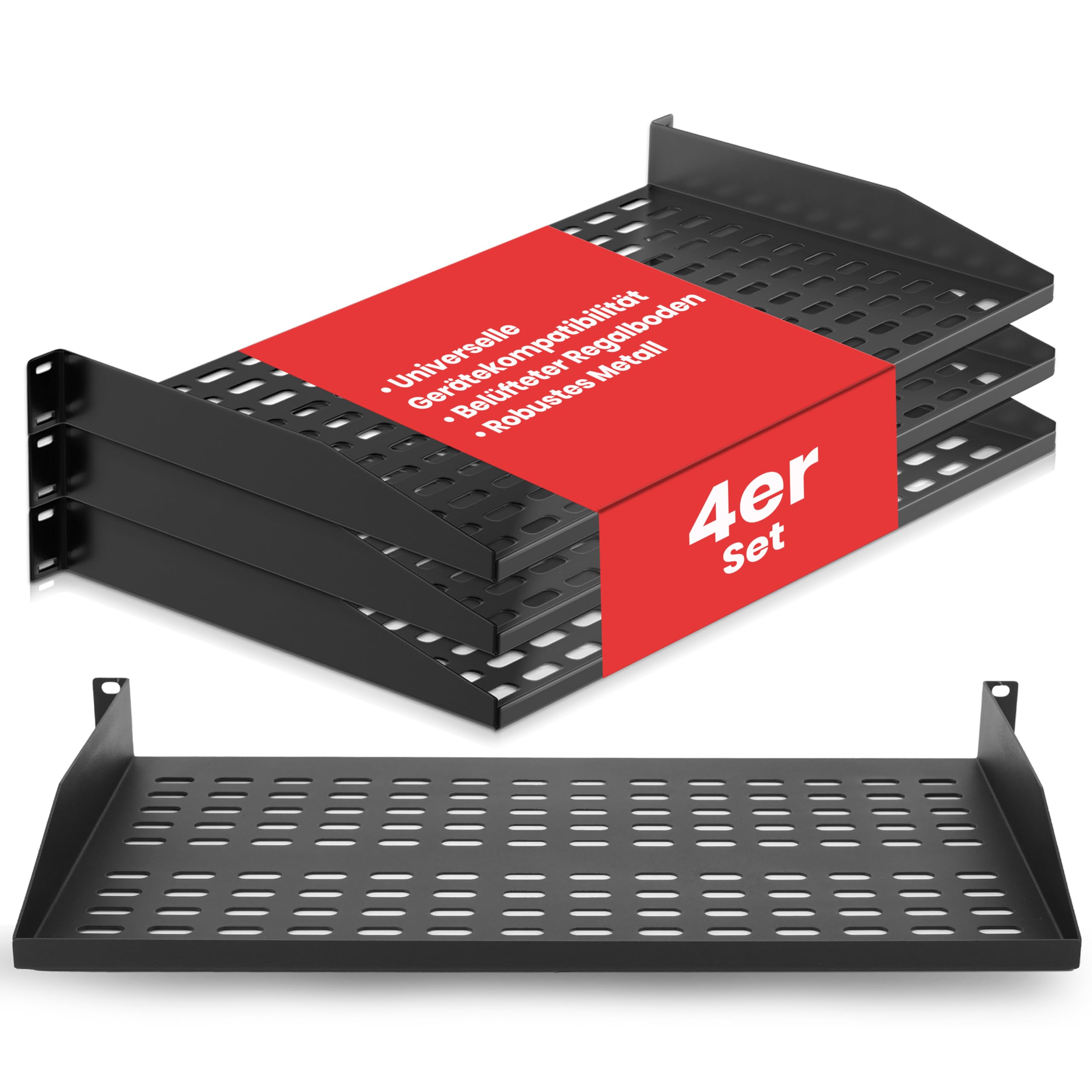 Pyle Fachboden - 4er Set 19 Zoll 1U Rack Shelf – Belüfteter Stahl Rackboden für Netzwerkschrank und Serverschrank, Ablage für Patchpanel und Netzwerkgeräte, 50 kg Tragkraft