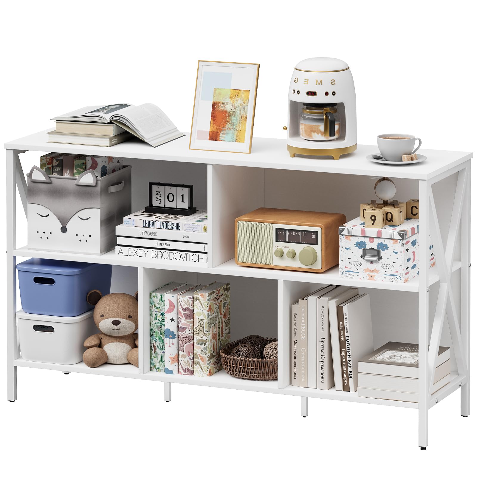 Horizontal Bookshelf,Industrial Modern 5 Cube Low Wide Cubby Bookcase,Long Wood and Metal Storage Organizer Open Shelf, Short Book Shelf Bedroom