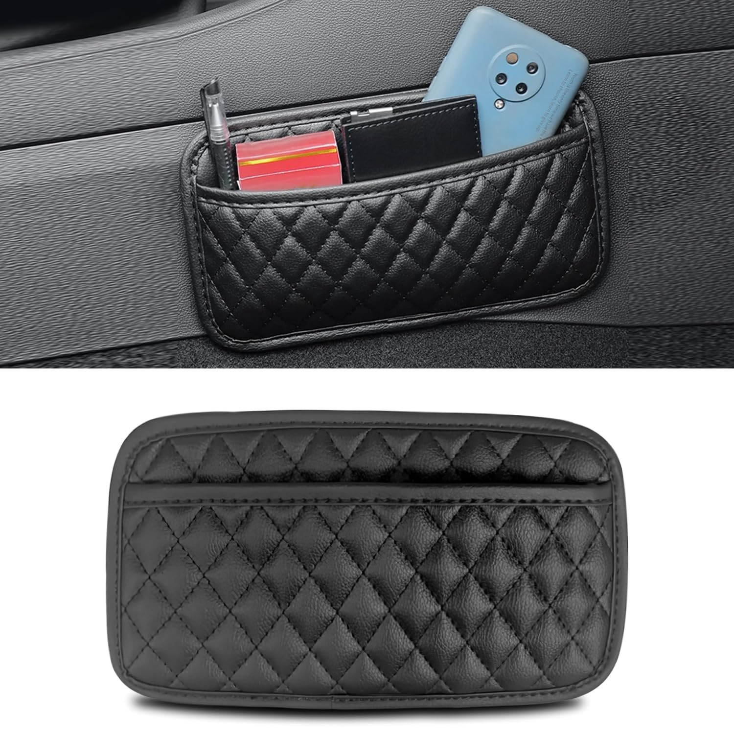 Leather Black Car Storage Organizer Pouch, Self-Adhesive PU Armrest Organizers for Phone, Keys, Accessories or Charging Cables, Seat Side Gap Box, Automobiles-image-11