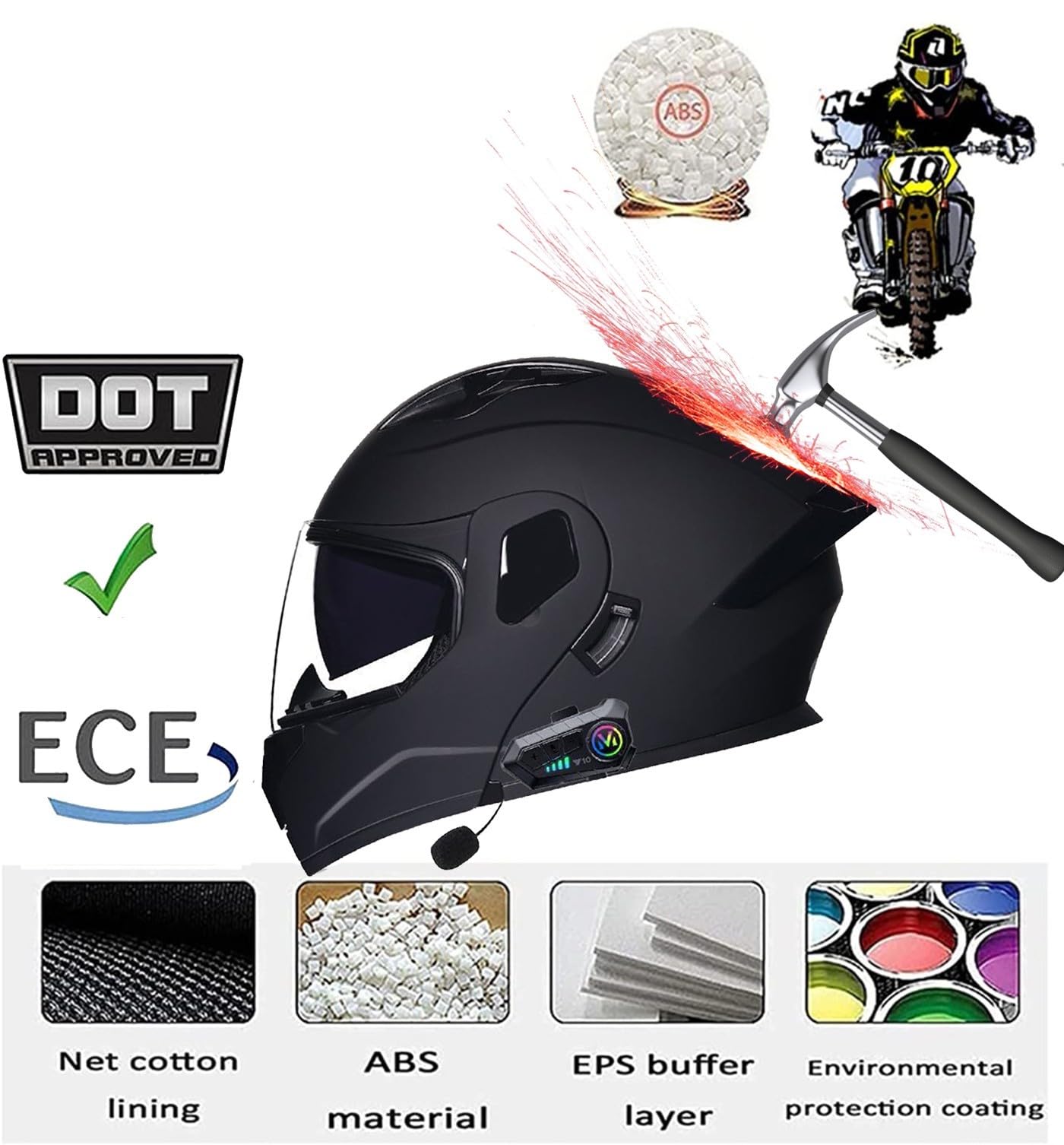 Motorrad Klapphelm mit Sonnenblende Bluetooth Helm Motorradhelm ECE Zertifiziert Integralhelme Mit Doppelvisier und Mikrofon Motorradhelm Klappbar Für Herren Damen
