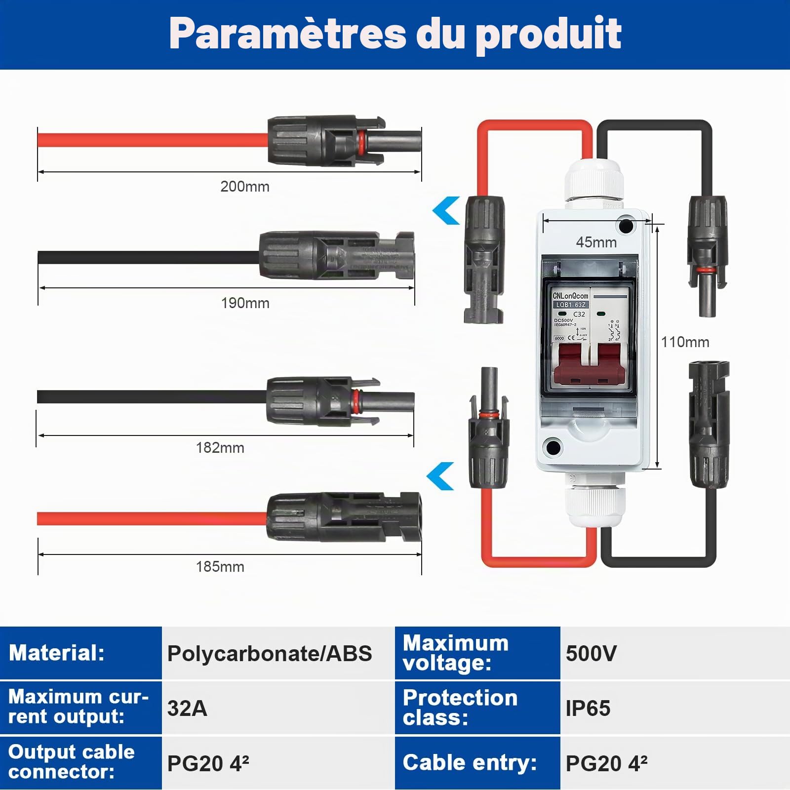 DeWin PV Boîte de Combinaison Solaire, 1 en 1 sur DC500V Interrupteur d'isolement Disjoncteur électriques Extérieur étanche Solaire Photovoltaïque Combiner Box for Système de Panneaux Solaire 32A