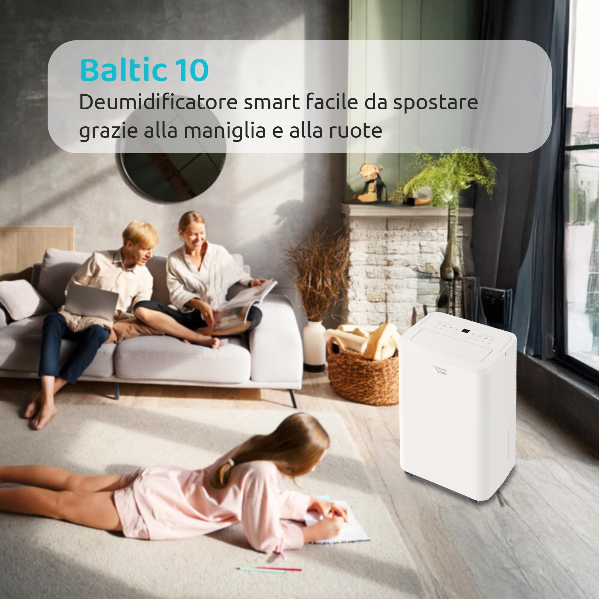 BALTIC 10, Deumidificatore 10L con Ruote, Flusso d'aria 100m³/h, Modalità Lavanderia, Funzione Scongelamento, Controllo Remoto, Indicatore Umidità, Gas R290, Timer 24 ore, 39dB