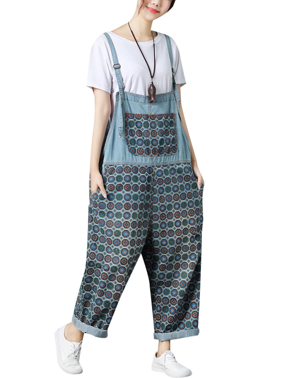 Youlee Femmes Imprimé Combinaisons à bretelles Barboteuses occasionnelles Denim Salopette