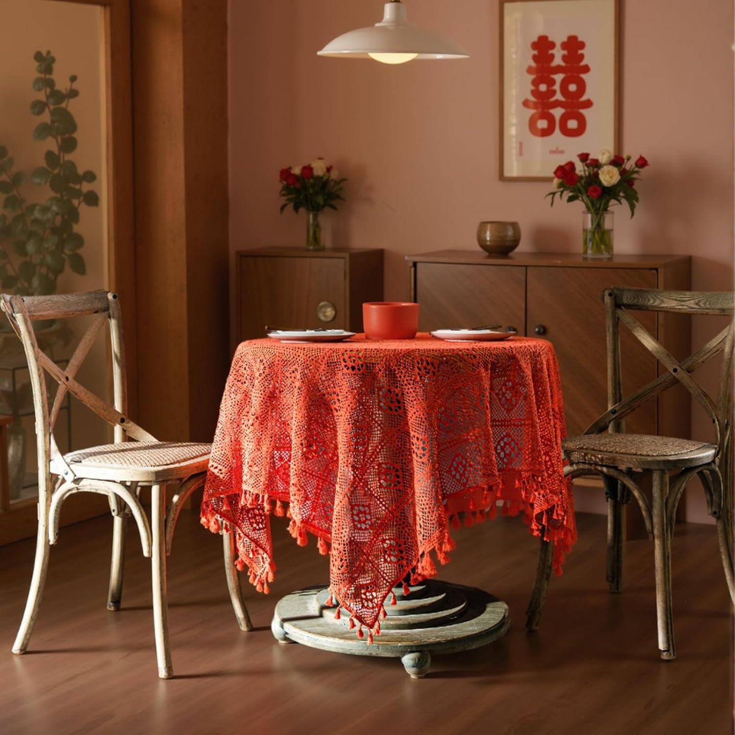 Crochet Lace Tablecloth with Tassel Round Table Cover for Kitchen Dinning Wedding Party Decoration Orange 24x24 Inch