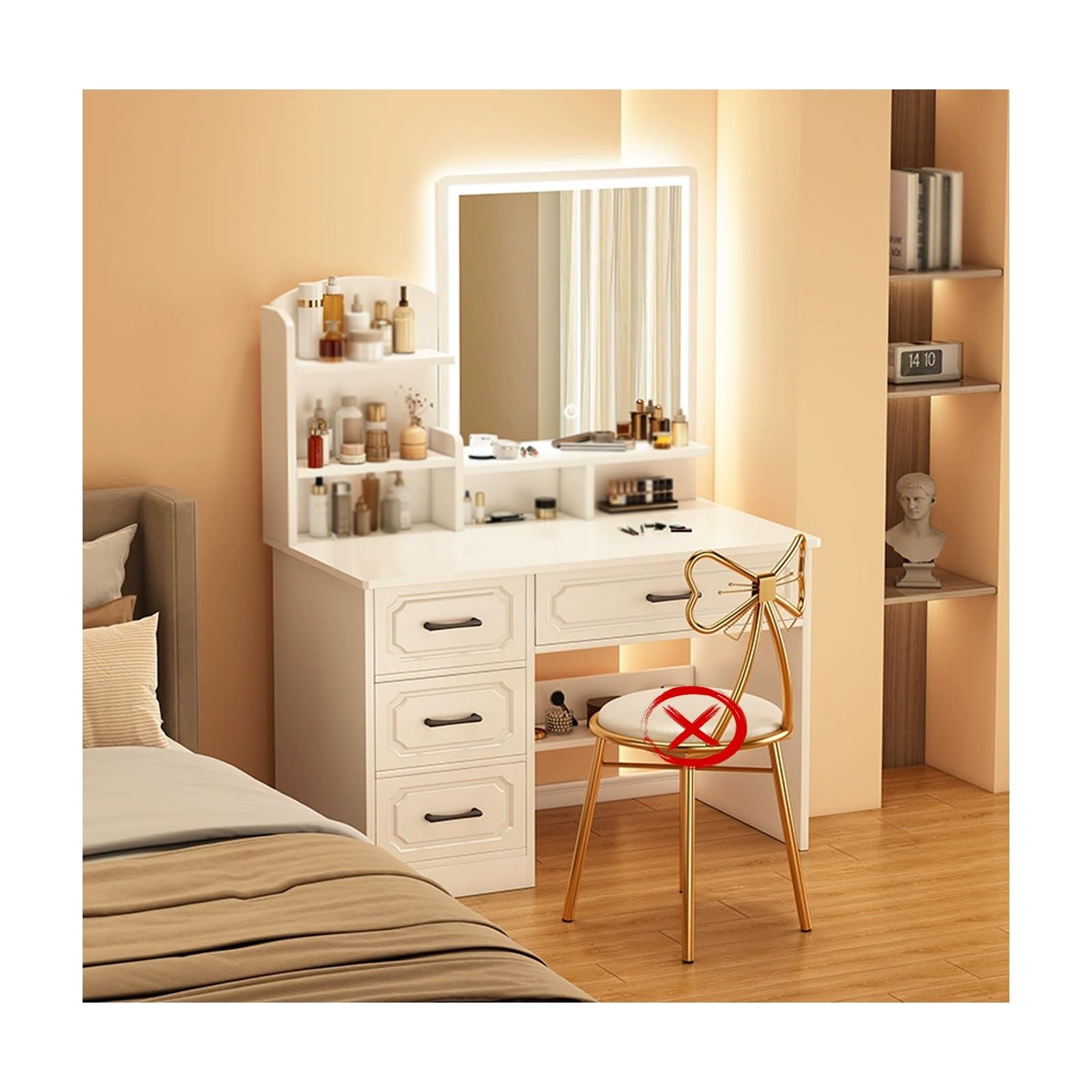 asdchZen Modern Bedroom Dresser With Makeup Desk Open Shelves And Adjustable Light Mirror Multiple Storage Options Space Saving Vanity Table For Bedroom,White Square Mirror-80 * 36cm