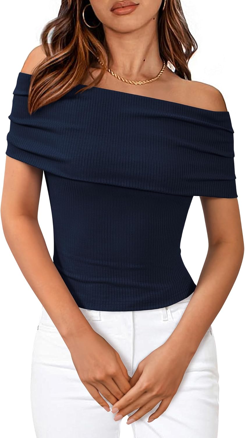 BTFBM Fall Tops for Women 2025 Off The Shoulder Summer Top Short Sleeve Shirts Rib Knit Slim Fit Going Out Y2K Clothes