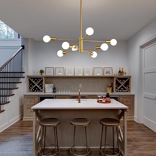 Miniatura 7 de KAISITE Lámpara moderna Sputnik de techo con 8 luces, lámpara dorada para comedor, altura ajustable, mediados de siglo, lámpara colgante de techo