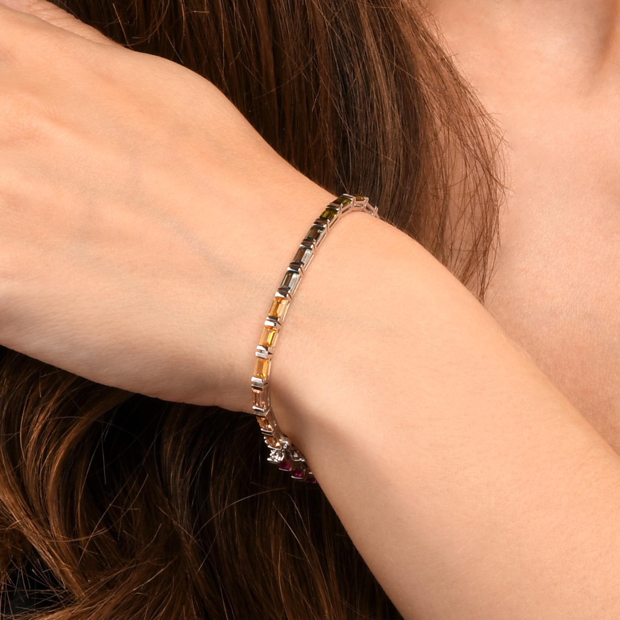 Diamond Treats Bracciale Tennis Donna Argento 925 Arcobaleno con Zirconi Baguette 3x5 mm Multicolore, Braccialetto Elegante Lusso con Chiusura a Scatola Nascosta, Gioiello Donna Colorato Regalo