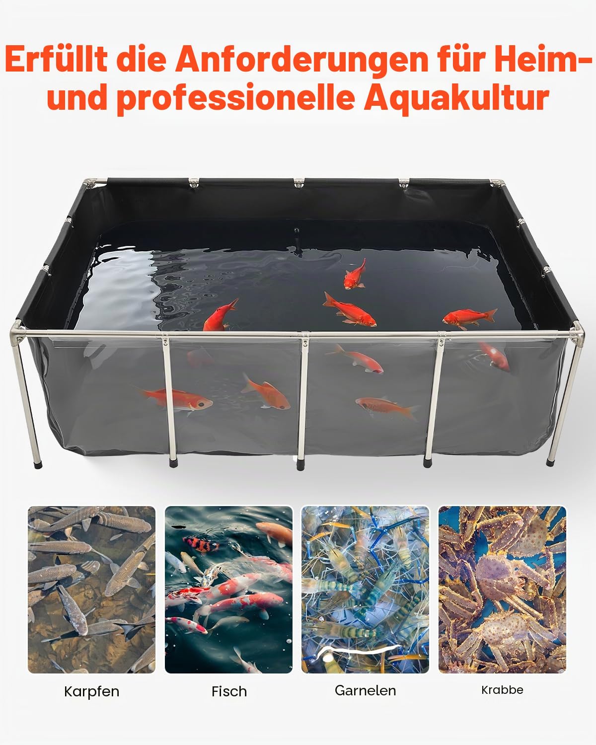 VEVOR Fischteich aus Segeltuch, 1781,3 L Fischtank, PVC-Koi-Tank mit transparentem Sichtfenster, Aquarium mit Edelstahlrahmen & Ablassventil, für Zucht von Koi, Goldfisch (schwarz)