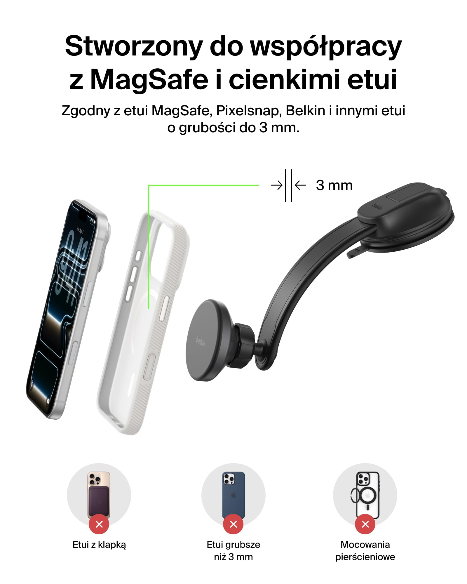 Belkin Bezprzewodowa Ładowarka Samochodowa, Zgodny z MagSafe Magnetyczny Uchwyt na Kratkę Nawiewu/Deskę Rozdzielczą, z Kablem USB-C, do iPhone’a 17, Galaxy S25, Pixelsnap – Akcesoria Qi2 – Czarna