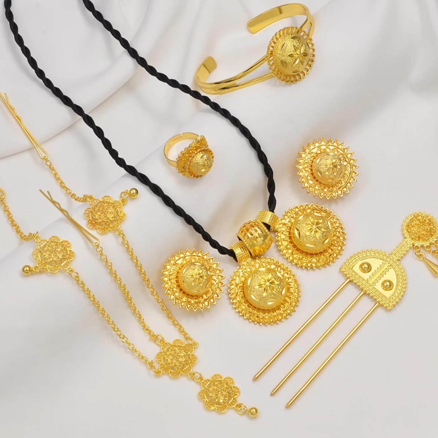 Ethiopian Jewelry for Women Set Ethiopian Jewelry sets Round Necklace Earrings Bracelet Ring Head-Chain Eritrean Traditional Wedding Ethiopian Traditional Jewelry