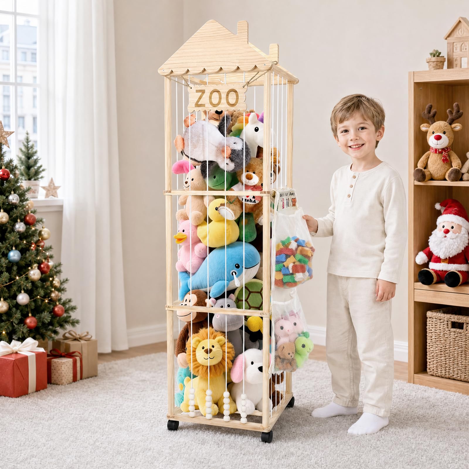 Organizador Peluches,Caja de Almacenamiento para Peluches con Reudas a 360°y Frenos,151x46x46CM Portaositos de Peluche para Habitaciones de Bebés, Dormitorios y Habitaciones Infant (Chimenea)