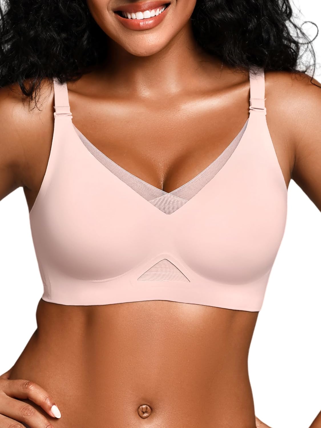 Wireless Bras for Women No Underwire, Seamless V Neck Mesh Bralette, Everyday Full Coverage Comfortable Bra