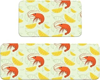 Vosery Alfombrillas de cocina para suelo, 2 unidades, elegantes, antifatiga, para suelo de cocina, gambas, rodajas de limón, alfombra de cocina, antideslizante, lavable, para dormitorio, baño, hogar