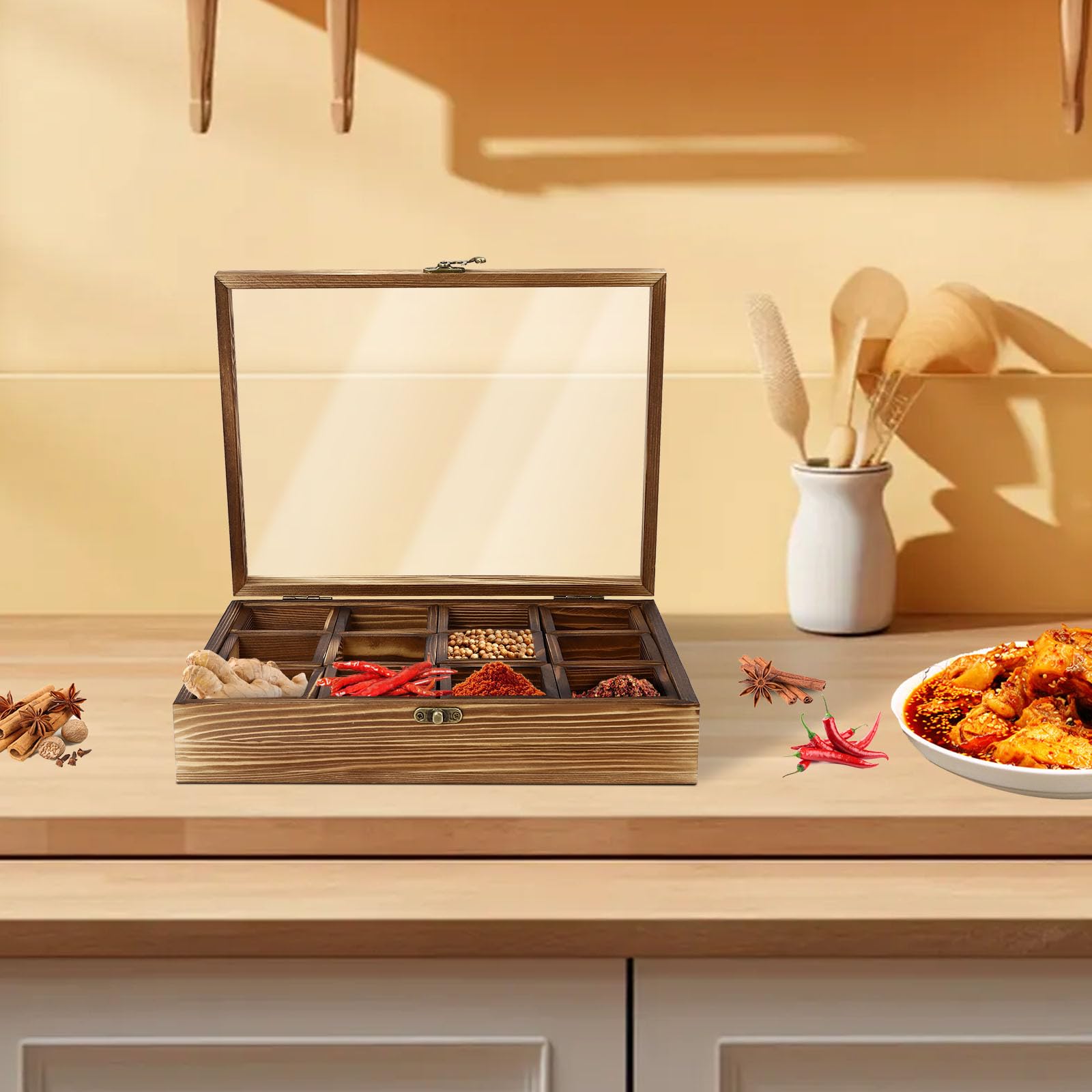 Boîte à épices en bois avec 12 récipients et cuillère pour cuisine