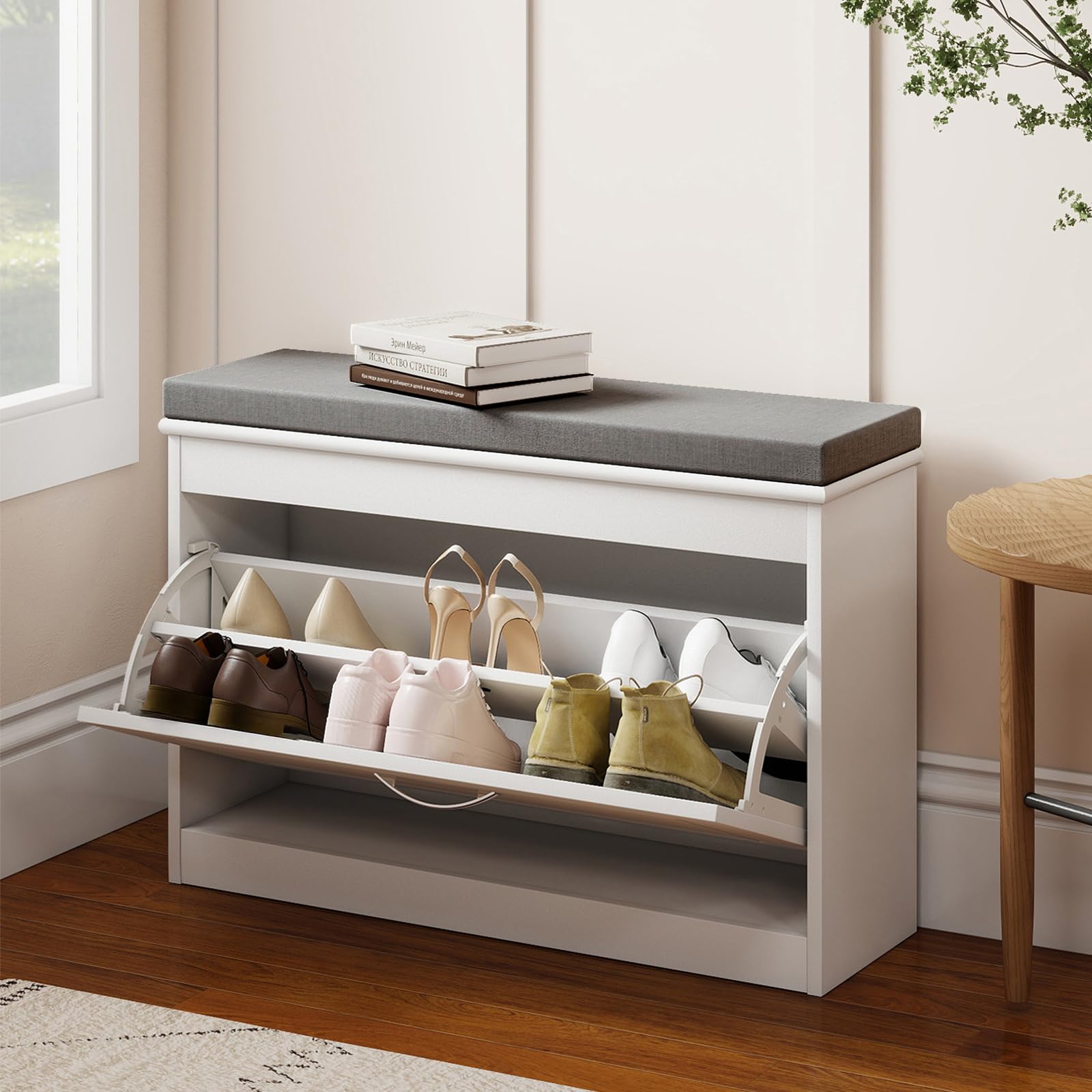 Levede Shoe Storage Bench, Shoe Bench with Seat, Modern Shoe Rack Bench with Removable Grey Cushion, Flip-Top Shoe Storage, Adjustable Shelves for Hallway Entryway, 60×24×51cm