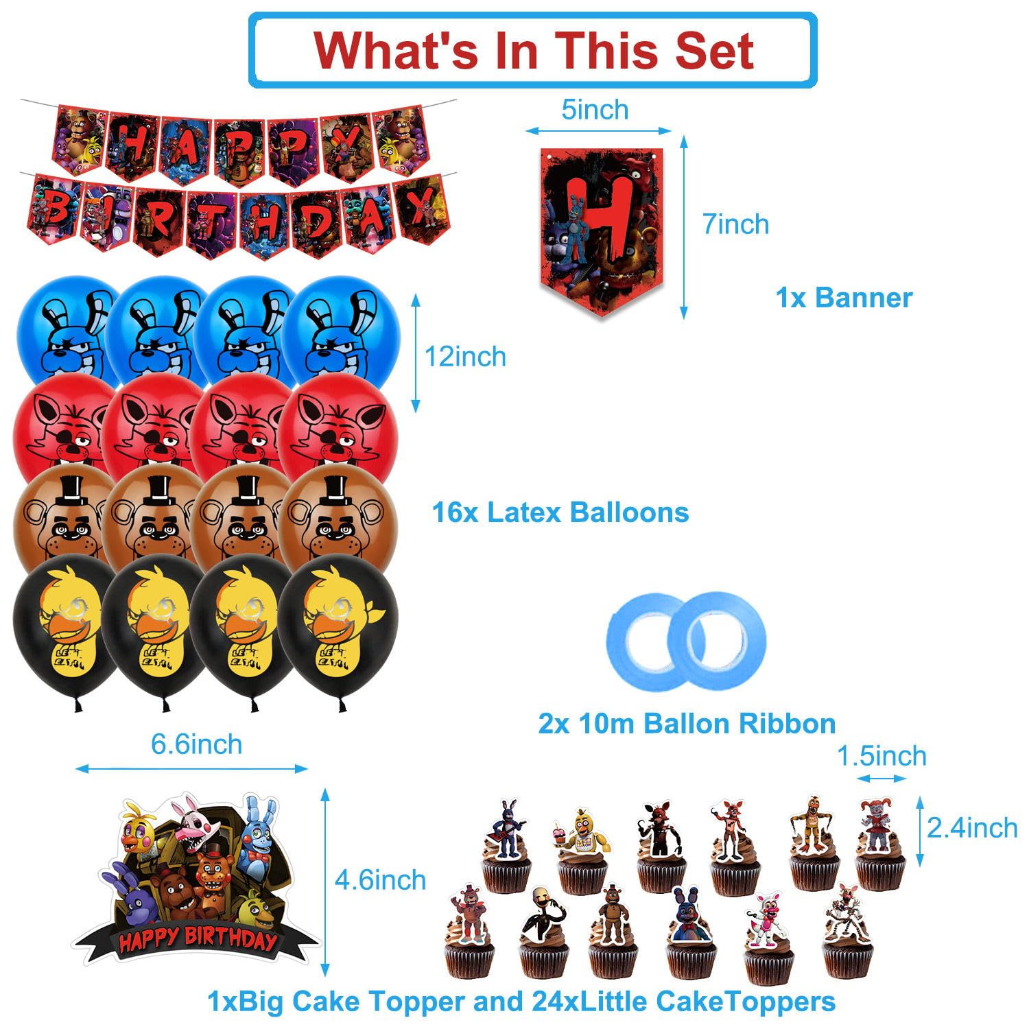 Set Decorazioni Festa Five Nights At Freddy's: Striscione, 7 Topper Per Torta Animali, 1 Topper Grande Per Cupcake, 24 Palloncini In Lattice, Tema Compleanno FNAF