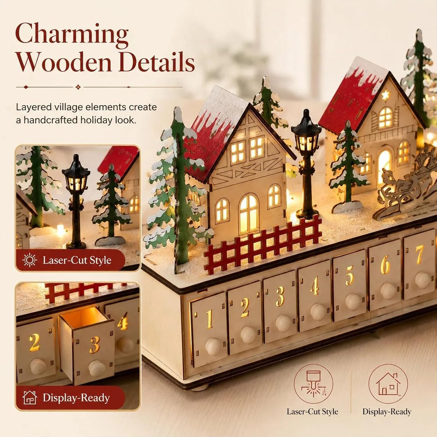 24 Tage Weihnachtsdorf Adventskalender, Weihnachtsdorf Mit Beleuchtung, Adventskalender Zum BefüLlen, Weihnachtsdeko Holzmaterial, Wiederverwendbar, FüR Kamine, Fenster, Esstische Und Wohnzimmer.、A