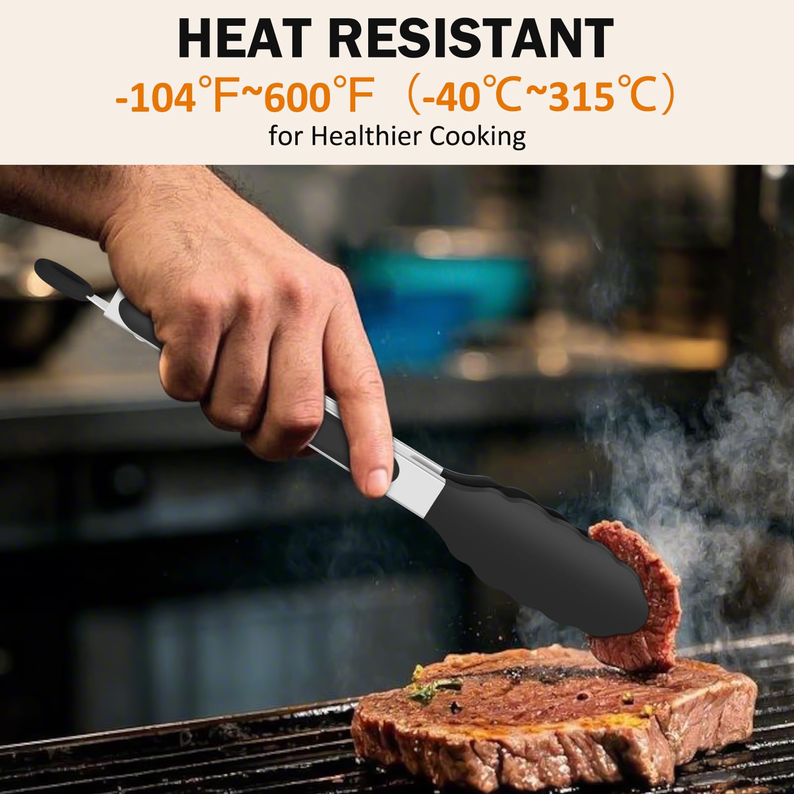 Pinzas de cocina, pinzas de silicona de acero inoxidable para cocinar 600ºF de alta resistencia al calor, pinzas de bloqueo, juego de 2-9 pulgadas y 12 pulgadas, color negro