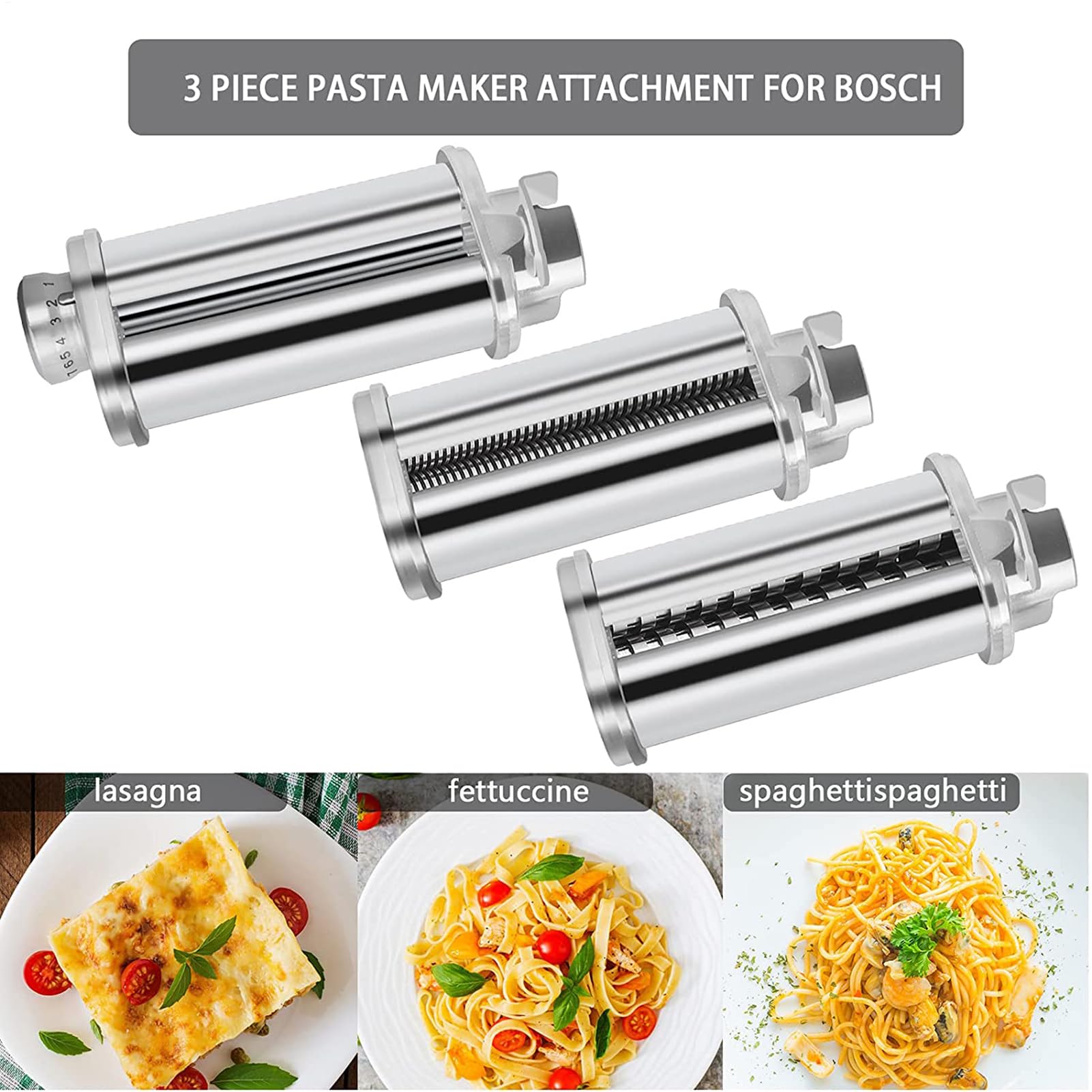 Accesorio de creación de pasta: rollo de de acero inoxidable de 3 | cuchillas de corte de fideos | Rollo de hoja de pasta para pasta casera, espaguetis y herramienta de corte fettuccine con c